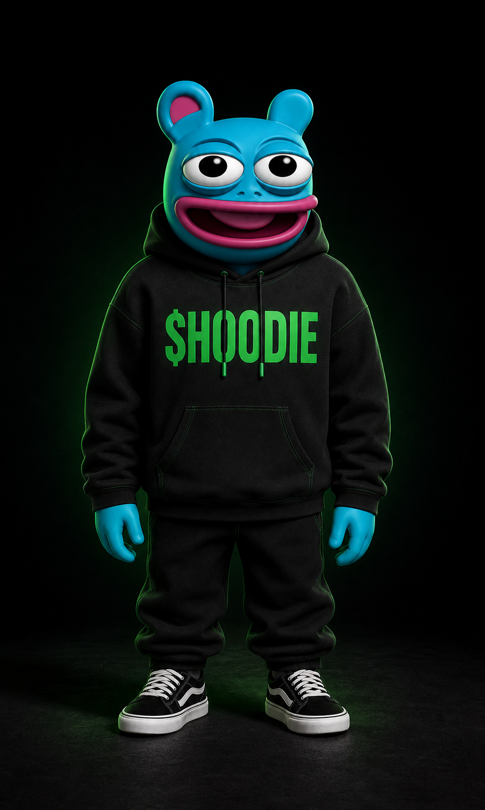 BRETT wearing a black hoodie with a green $HOODIE print