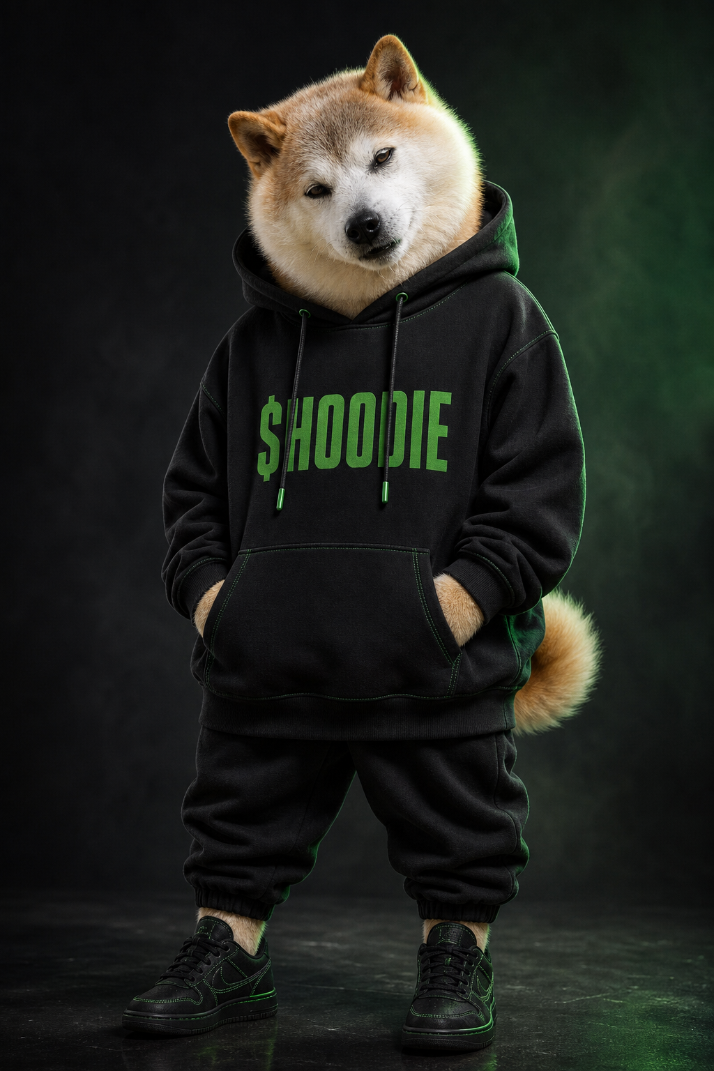 DOGE wearing a black hoodie with a green $HOODIE print