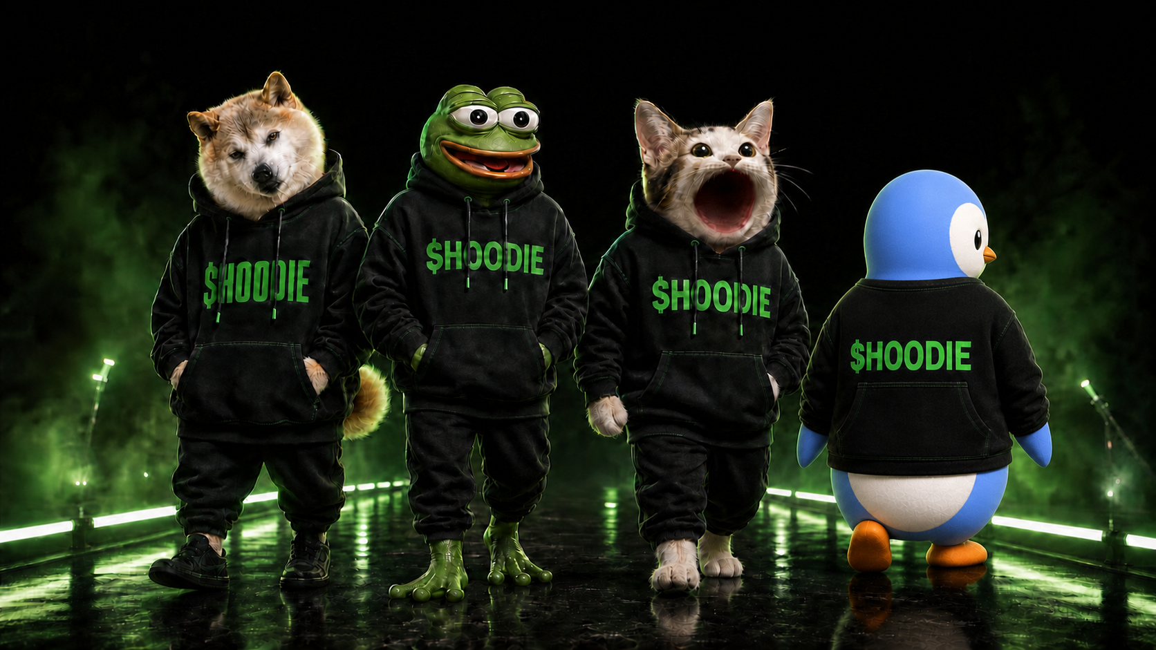 DOGE, PEPE, POPCAT and PENGU walking together in matching $HOODIE streetwear