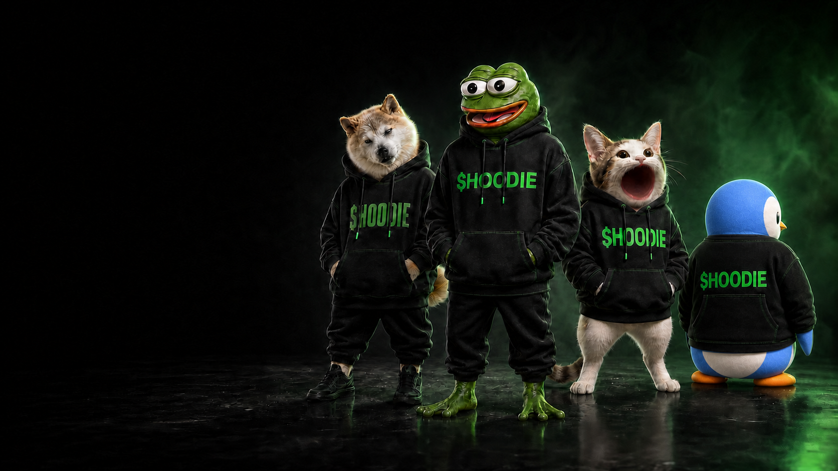 DOGE, PEPE, POPCAT and PENGU wearing black $HOODIE streetwear on a dark runway