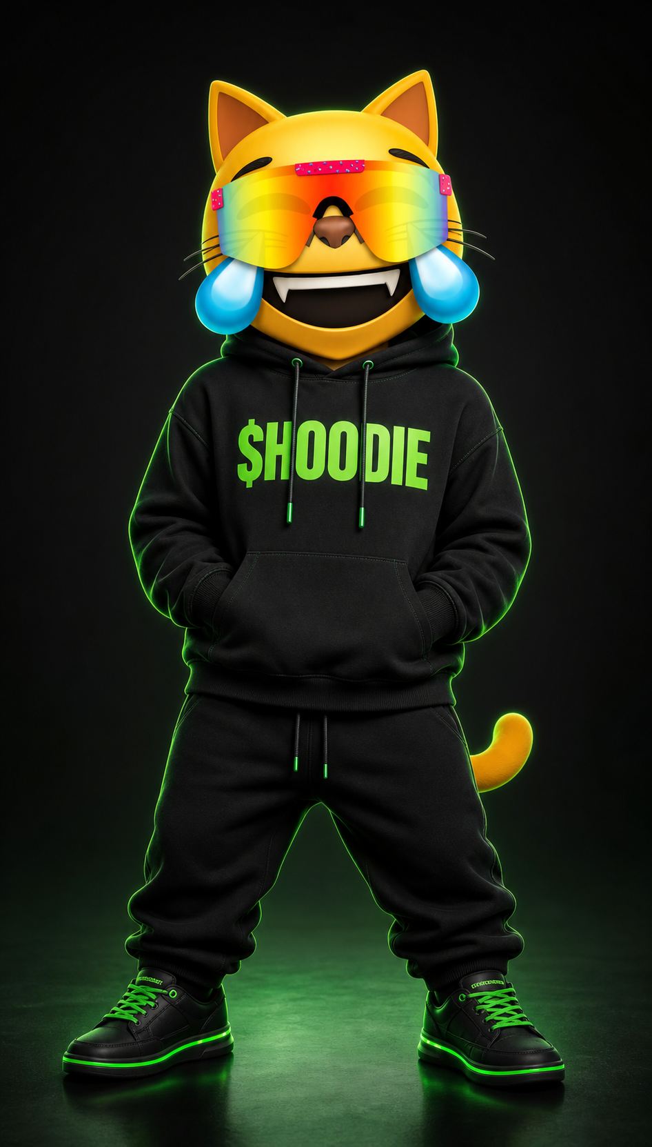 MOG laughing behind rainbow shades in a black hoodie with a green $HOODIE print