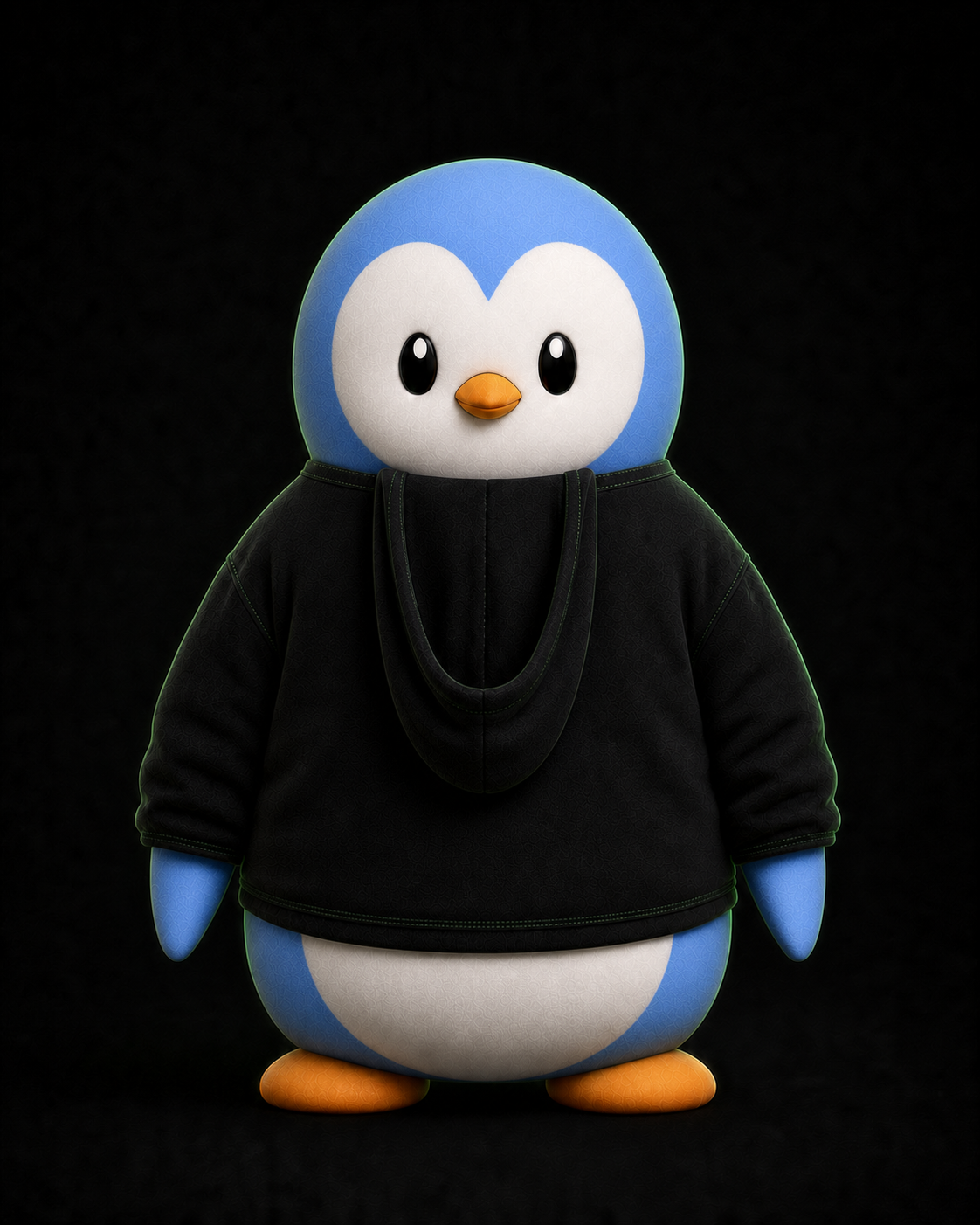PENGU facing forward with the single hood centered on his chest while wearing the hoodie backwards