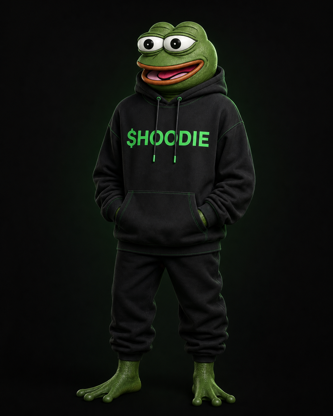 PEPE wearing a black hoodie with a green $HOODIE print