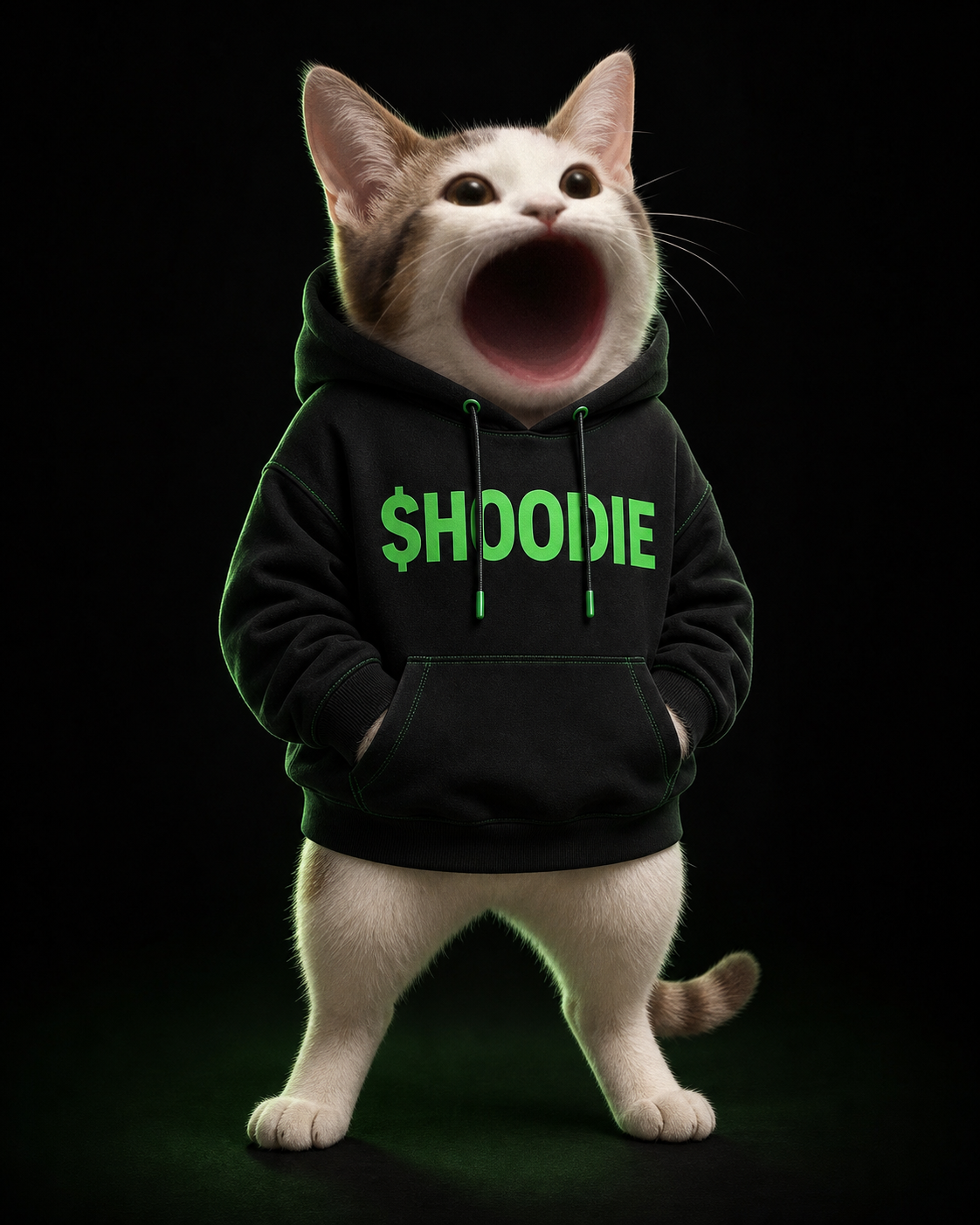 POPCAT wearing a black hoodie with a green $HOODIE print