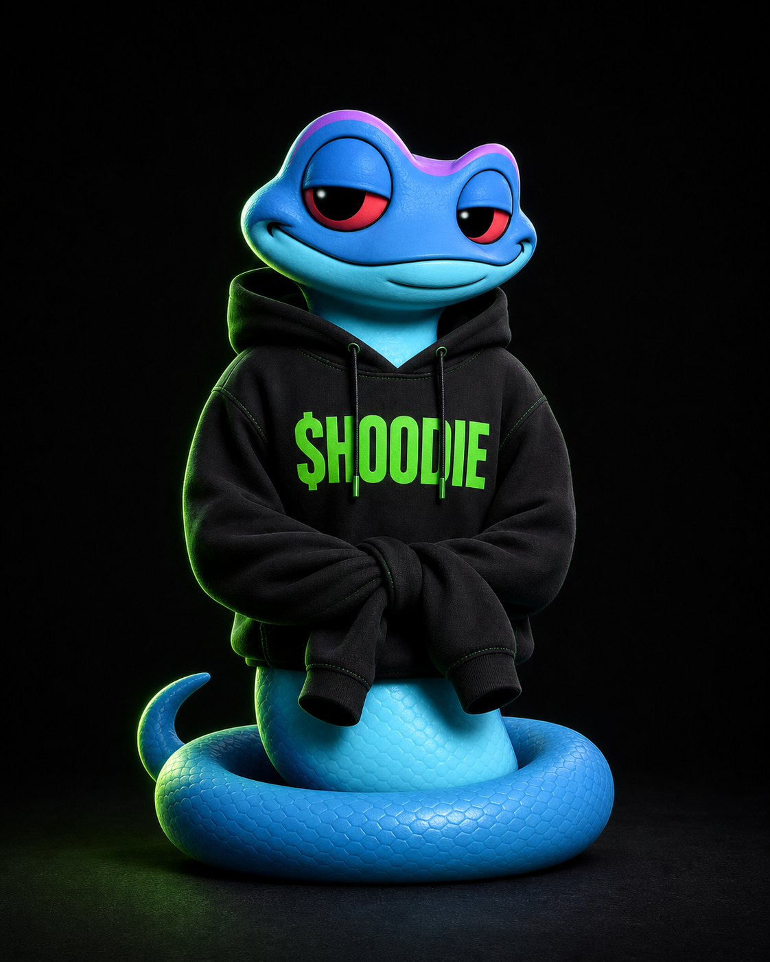 SNEK wearing a black $HOODIE with its empty sleeves tied together and no arms