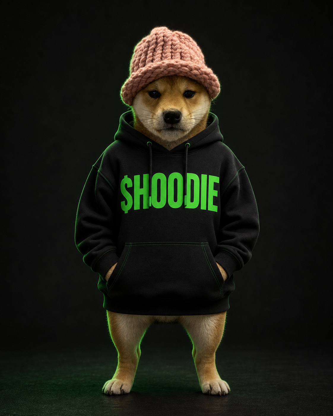 WIF wearing a pink knitted hat and a black hoodie with a green $HOODIE print