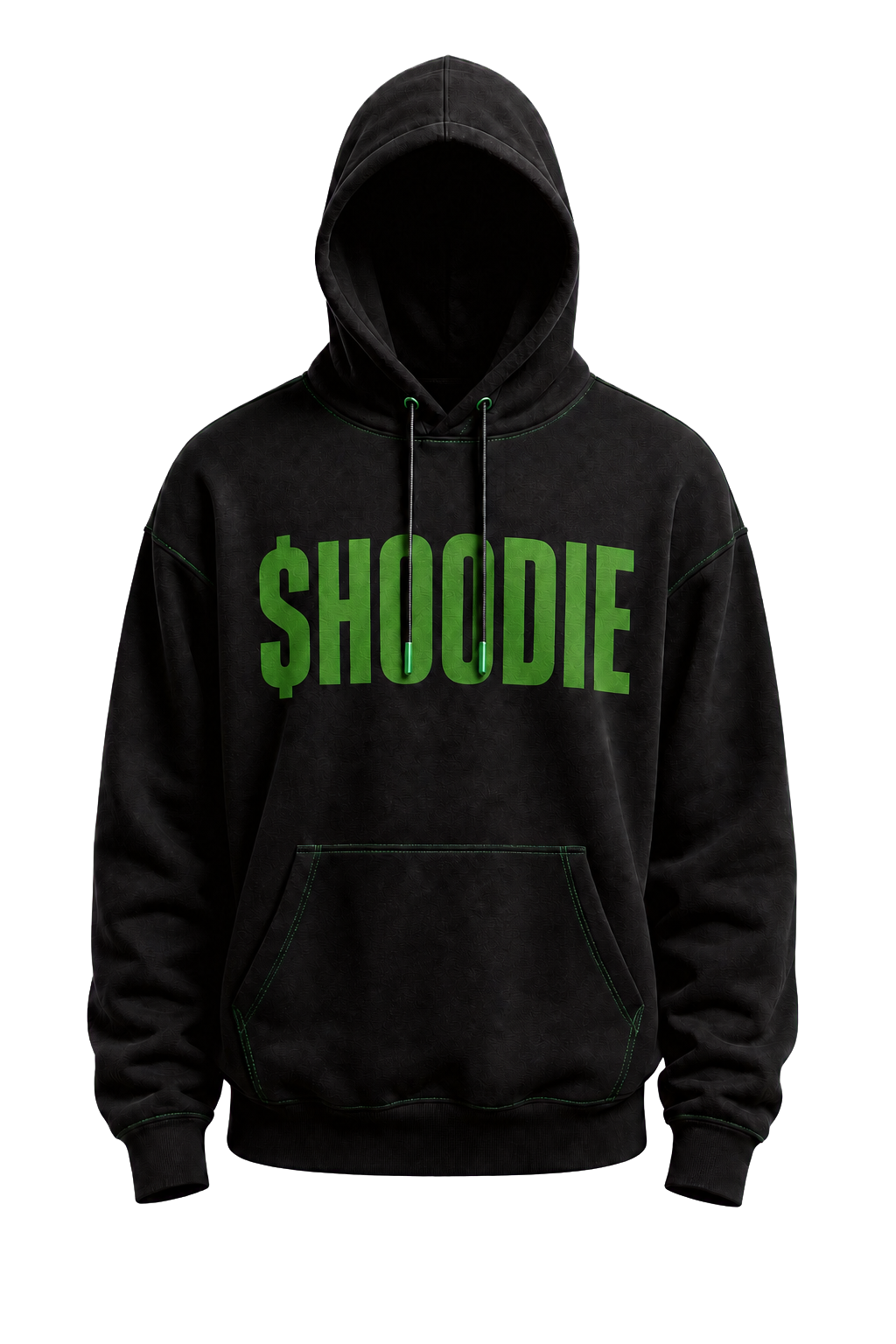 The original matte-black hoodie with green stitching and a green $HOODIE print